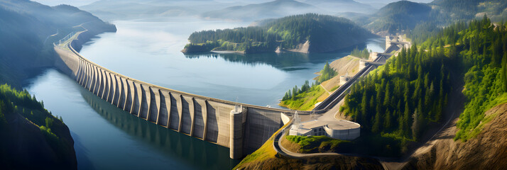 Hydroelectric power dam on a river in mountains, aerial view - obrazy, fototapety, plakaty