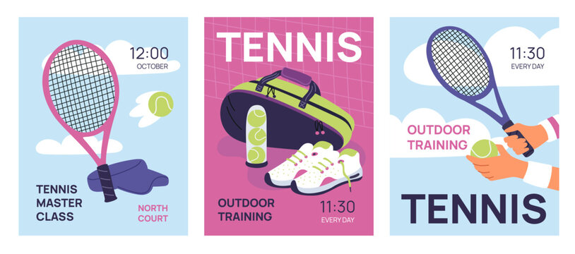 Lawn tennis cards. Sport tournament posters. Professional accessories. Rackets and balls. Sneakers in bag. Training masterclass and competition. Outdoor workout date. Garish vector set