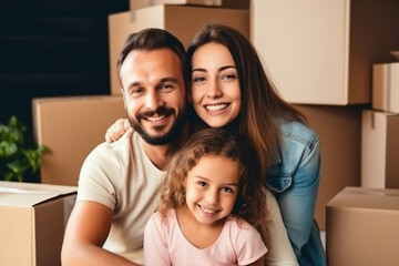 Fototapeta premium A young happy married couple with a little daughter, in their new home after moving in. Unpacking boxes after moving into a new apartment. New homeowners. Mortgage. Rental of property.