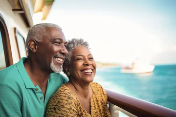 Fotobehang An elderly dark-skinned couple on the deck of a ship or liner against the backdrop of the sea. Happy and smiling people. Travel on a sea liner. Love and romance of older people © Anoo