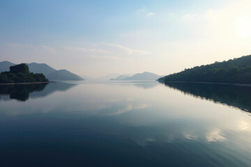 Fototapeta premium Tranquil scene of large body of water with majestic mountains in background. Perfect for nature enthusiasts and travel brochures.