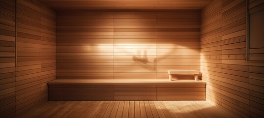 Front view of empty Finnish sauna room. Modern interior of wooden spa cabin with dry steam.