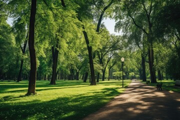 Fototapeta premium Green park with lawn and trees.