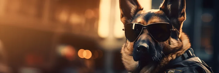 Fototapeten Mean looking German shepherd working as a security officer or cop, wearing sunglasses and uniform shirt. Guarding dog concept © sam
