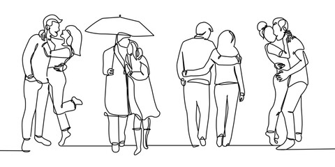 Couple Trendy Line Art Drawing Set. One Line Couple Illustration. Happy Lovers Minimalistic Black Lines Drawing. Continuous One Line Abstract Drawing. Modern Scandinavian Design. Vector EPS 10 