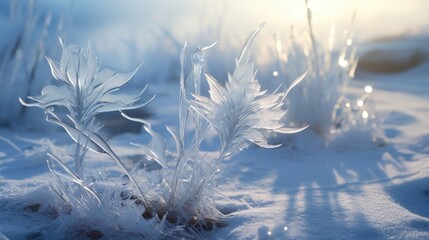 Winter scenery with frosty ice flowers, snow, and crystals