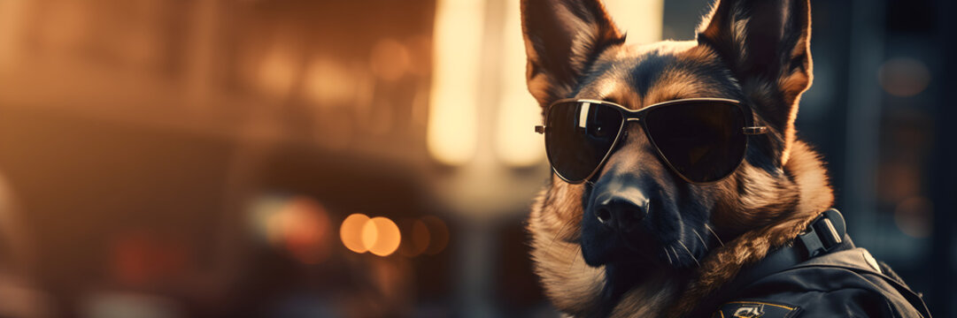 Mean looking German shepherd working as a security officer or cop, wearing sunglasses and uniform shirt. Guarding dog concept