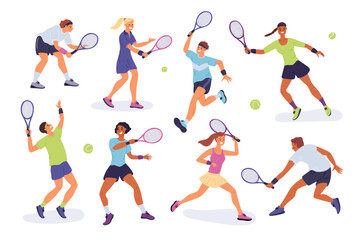 Fototapeta na wymiar People play lawn tennis. Professional athletes with rackets in hands. Guys and girls submit or hit balls. Sportsman at match court. Sport competition and hobby game. Garish vector set