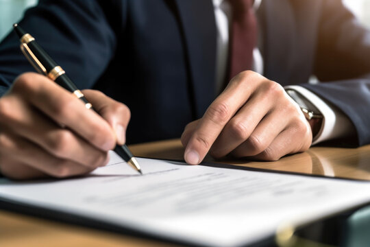 Man in suit signing document with pen. This image can be used to depict business contracts, legal agreements, or professional paperwork.