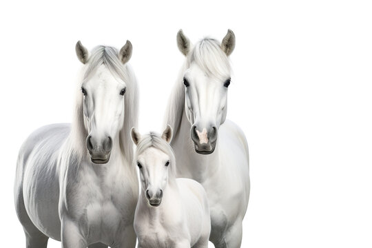 Image of family group of white horses on white background. Wildlife Animals. Illustration, Generative AI.