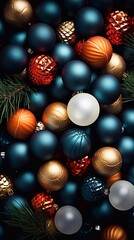 Christmas tree branches and balls seamless background. Christmas decoration with AI generated. Top view