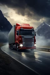 Foto op Canvas Logistics import export and cargo transportation industry concept of Container Truck run on highway road at sunset blue sky background. Generative AI © piai