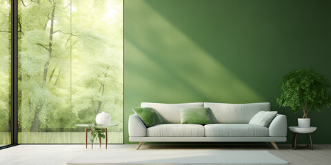 A living room with a green wall and a sofa with a white table and two chairs