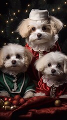 Portrait of cute puppies wearing in fancy dress on Christmas background. AI generation