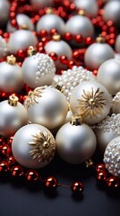 Golden christmas balls on black background, top view. AI generated
