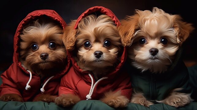 Portrait of cute puppies wearing in hoodie on dark background. AI generation
