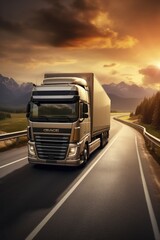 Fototapeta na wymiar Logistics import export and cargo transportation industry concept of Container Truck run on highway road at sunset blue sky background. Generative AI