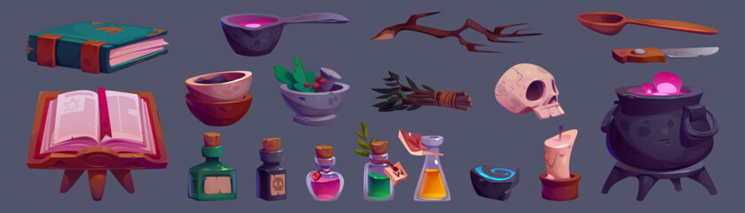Witch or wizard magic elements set. Cartoon vector illustration set of spiritual books and glass bottles with potion, cauldron with mystery liquid, ingredients and equipment for brewing medicine. © klyaksun