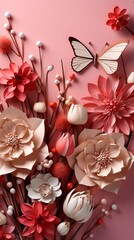 Obraz na płótnie Canvas Beautiful Pink flowers and butterfly on a pink background.Floral trendy abstract background. AI generated