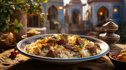 Pilaf dish on the background of a mosque