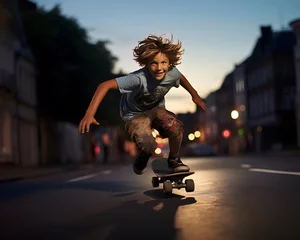 Foto op Plexiglas Young boy riding a skateboard on the street, playful childhood concept © mitrovix