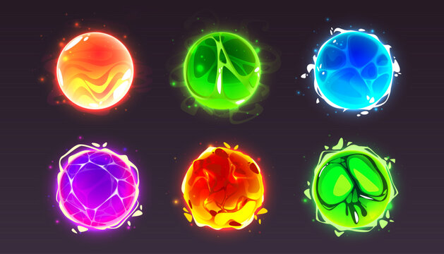 Magic energy effect ball, crystal orb power icon. Circle light glow sphere. Fantasy lava fireball. Witch lightning electric element. Green fortune abstract bubble with plasma for toxic spell 2d ui set