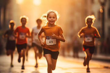Running children, young athletes run in a kids run race, running on city road detail on legs,...