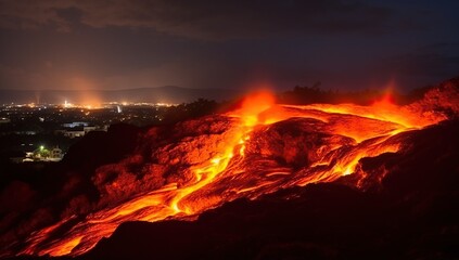 Volcanic eruption at night