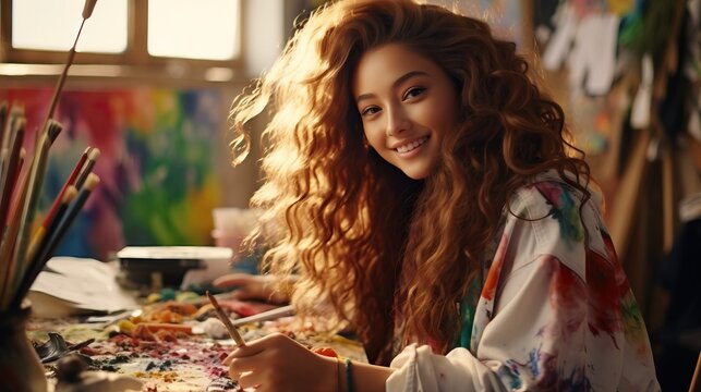 Beautiful young woman artist painting on canvas.