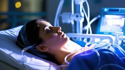 Young woman lying on bed in hospital ward at night