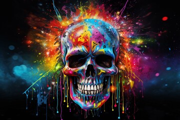 Vibrant skull adorned with rainbow splatters, symbolizing autism spectrum and LGBTQIA, surrounded by multicolored electricity. Generative AI