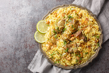 Pilaf Kachchi biryani is a popular meal served at parties, celebrations, and weddings closeup on...