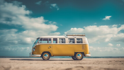 Vintage van on the beach with cloudy sky,Generative AI