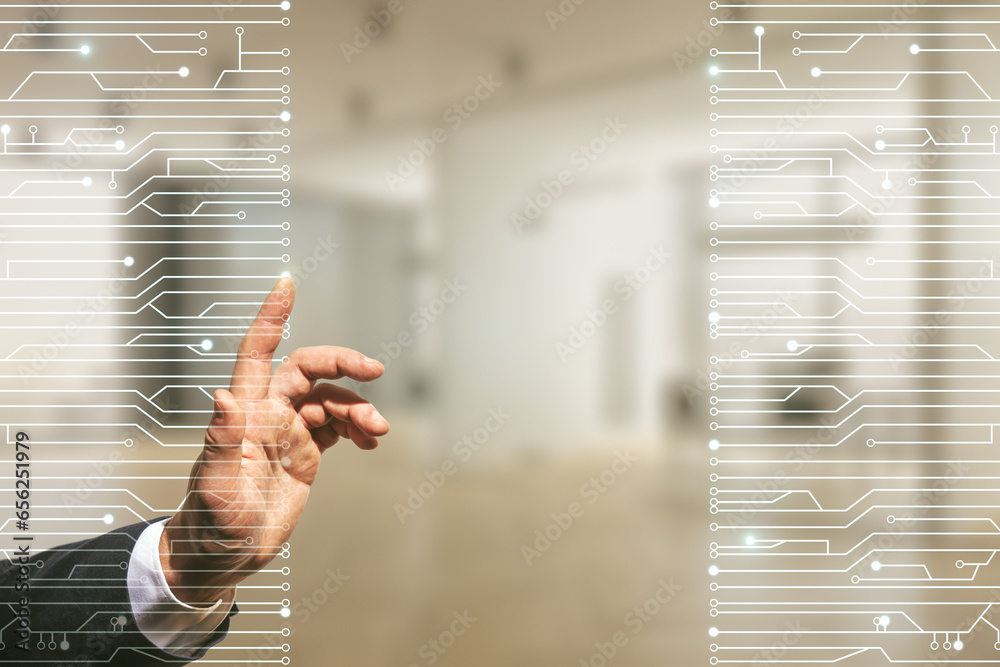 Aufkleber double exposure of male hand presses on abstract virtual circuit hologram on blurred office backgrou