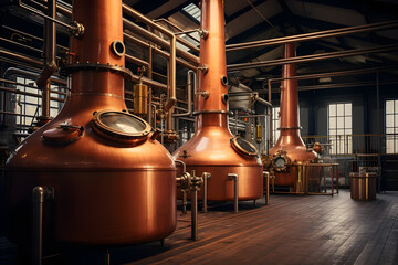 traditional whiskey distillery with copper stills - obrazy, fototapety, plakaty