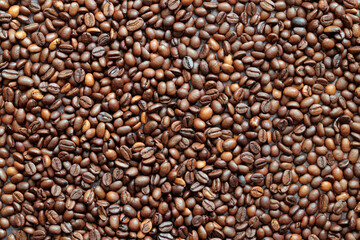 Top view of background representing halves of dark brown coffee beans. Roasted coffee beans, copy space