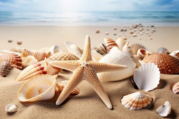 Fototapeta na wymiar Sea shells and starfish on the beach. Generative AI