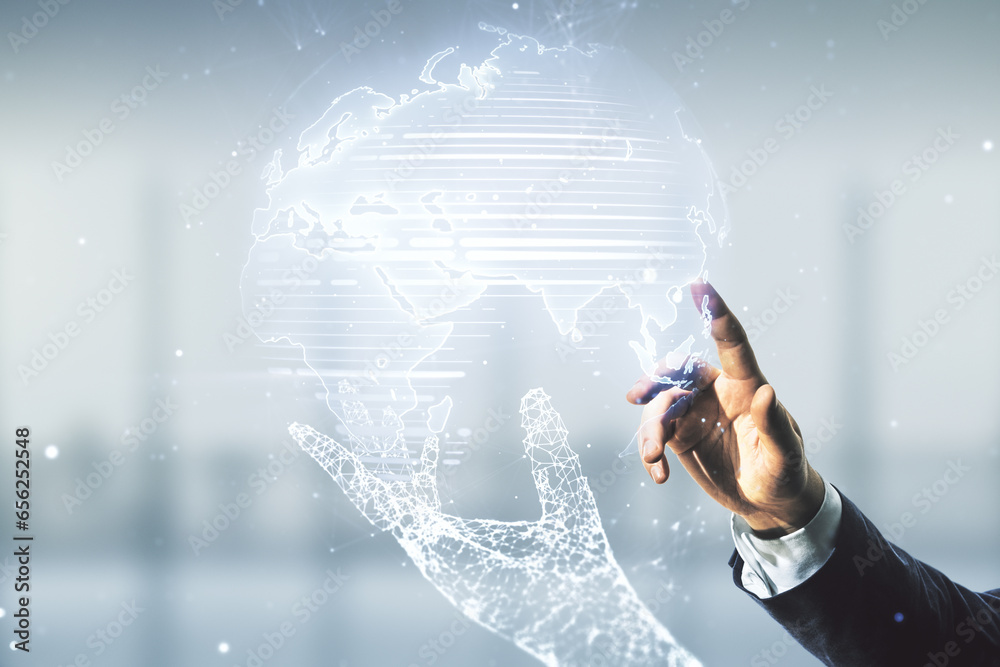 Aufkleber multi exposure of businessman hand clicks on abstract graphic world map on blurred office background
