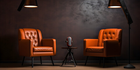 Fototapeta premium two chairs and microphones in podcast or interview room on dark background as a wide banner for media conversations or podcast streamers concepts with copyspace