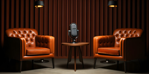 two chairs and microphones in podcast or interview room on dark background as a wide banner for media conversations or podcast streamers concepts with copyspace