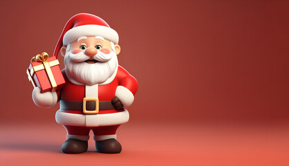 Obraz premium 3D Santa Claus with a gift on a red background, banner 1