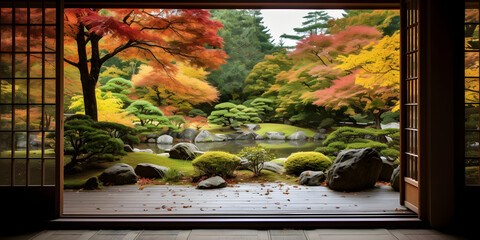 japanese autumn fall garden in the morning view through doorway