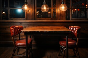 empty restaurant seats and table with lamp hanging from the ceiling