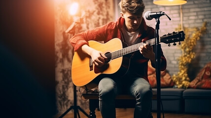 Obraz premium young guitarist making a video for his blog on blur his room background