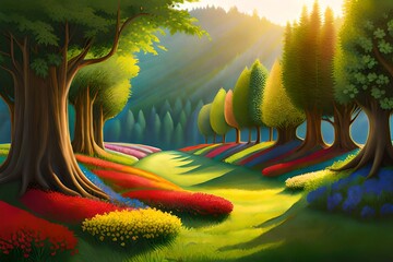 collection of trees and flowers with grassy land