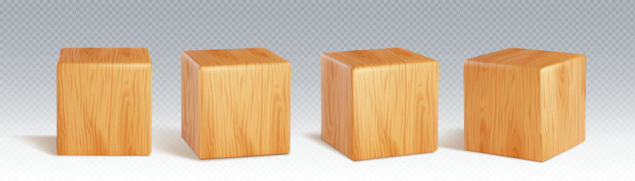 Wooden cube block realistic 3d vector illustration set. square platform or toy brick with wood texture. Cubic game 6 sides dice or education kid box element or rectangular podium and pedestal.