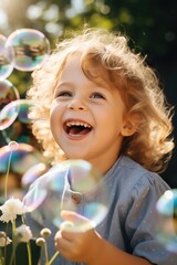 Fototapeta premium A joyful child playing with soap bubbles. Generative AI