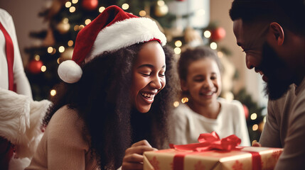 Happy black family with children and parents opening Christmas gifts. Merry Christmas and Merry New Year concept.