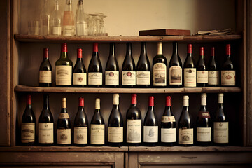 vintage wine bottles on old shelf