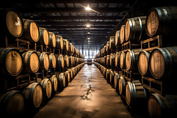 whiskey barrels in ageing facility